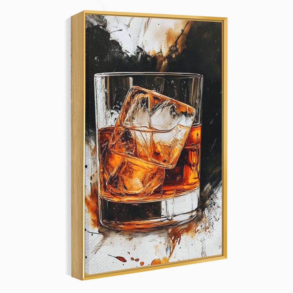 Tablou canvas cu tablou canvas cu pahar de whisky si gheata, in rama de aluminiu auriu
